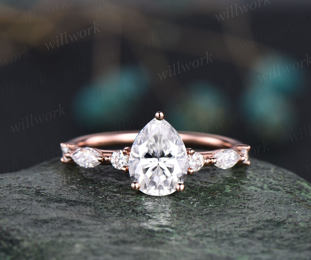 Pear shaped moissanite ring set gold vintage moissanite engagement ring set art deco rose gold engagement ring unique engagement ring women