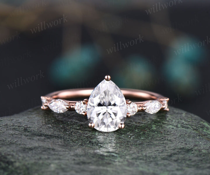 Pear shaped moissanite ring set gold vintage moissanite engagement ring set art deco rose gold engagement ring unique engagement ring women