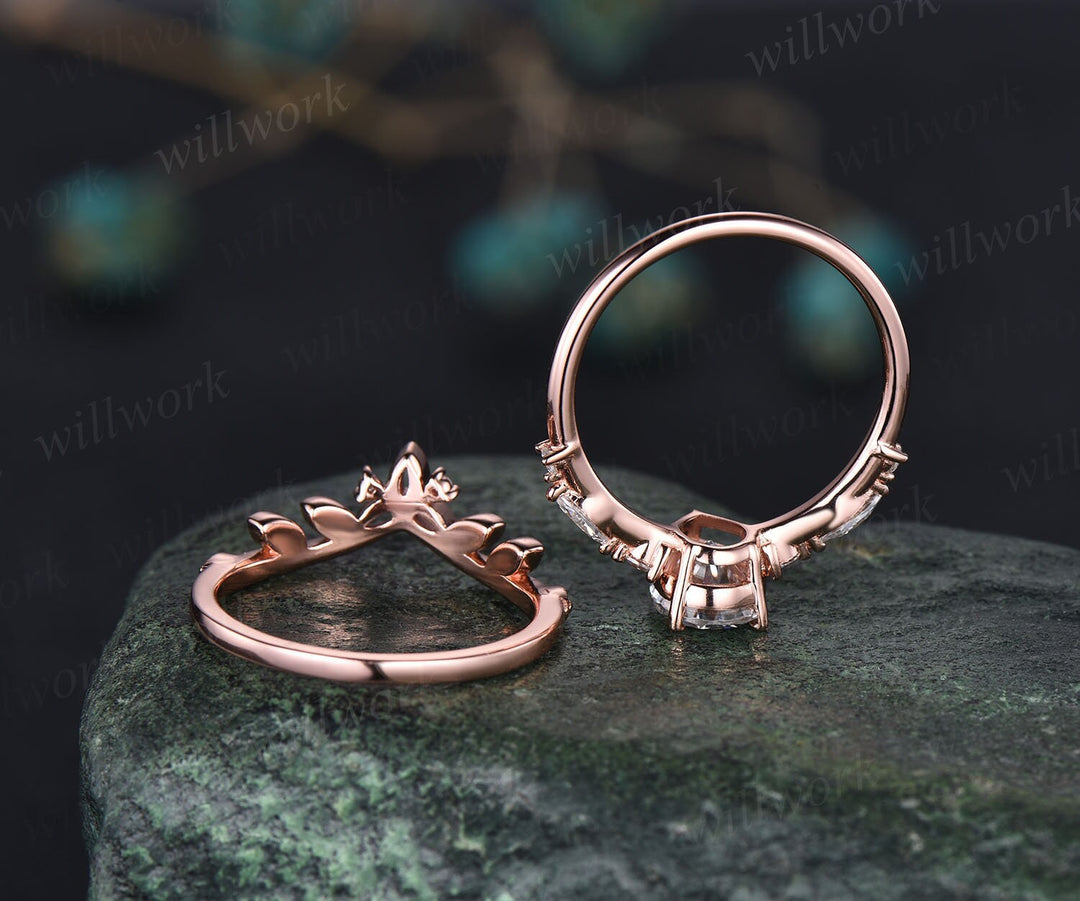 Pear shaped moissanite ring set gold vintage moissanite engagement ring set art deco rose gold engagement ring unique engagement ring women