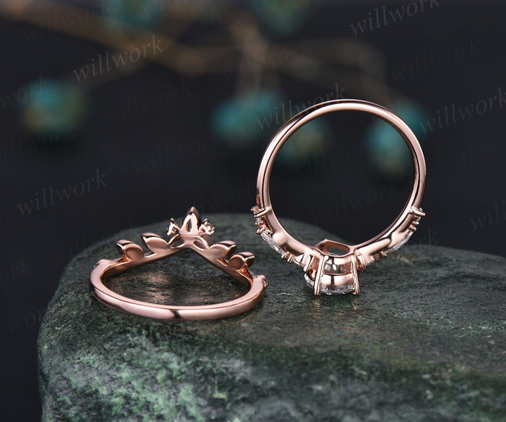 Pear shaped moissanite ring set gold vintage moissanite engagement ring set art deco rose gold engagement ring unique engagement ring women