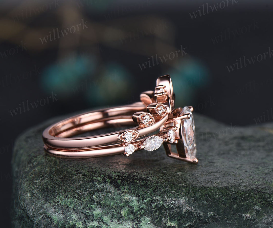 Pear shaped moissanite ring set gold vintage moissanite engagement ring set art deco rose gold engagement ring unique engagement ring women