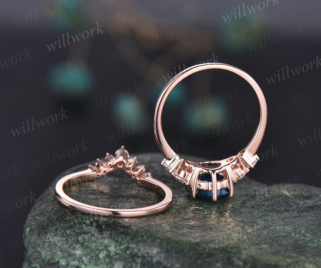 Unique London blue topaz engagement ring set 14k rose gold silver five stone minimalist ring six prong moissanite bridal ring set for women