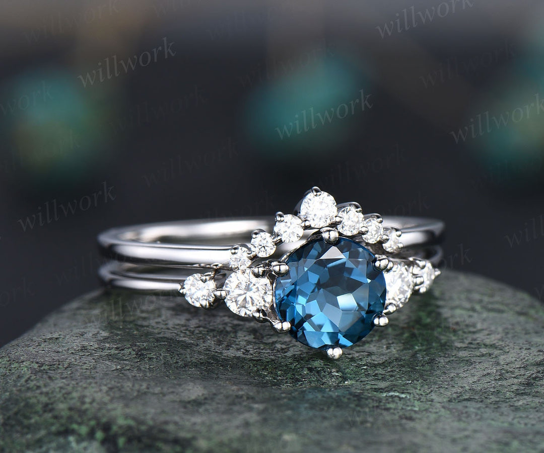 Unique London blue topaz engagement ring set 14k rose gold silver five stone minimalist ring six prong moissanite bridal ring set for women