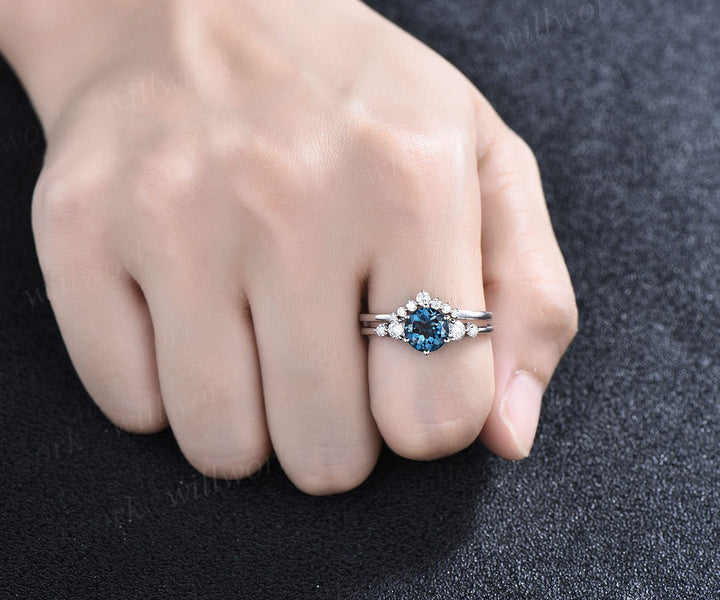 Unique London blue topaz engagement ring set 14k rose gold silver five stone minimalist ring six prong moissanite bridal ring set for women