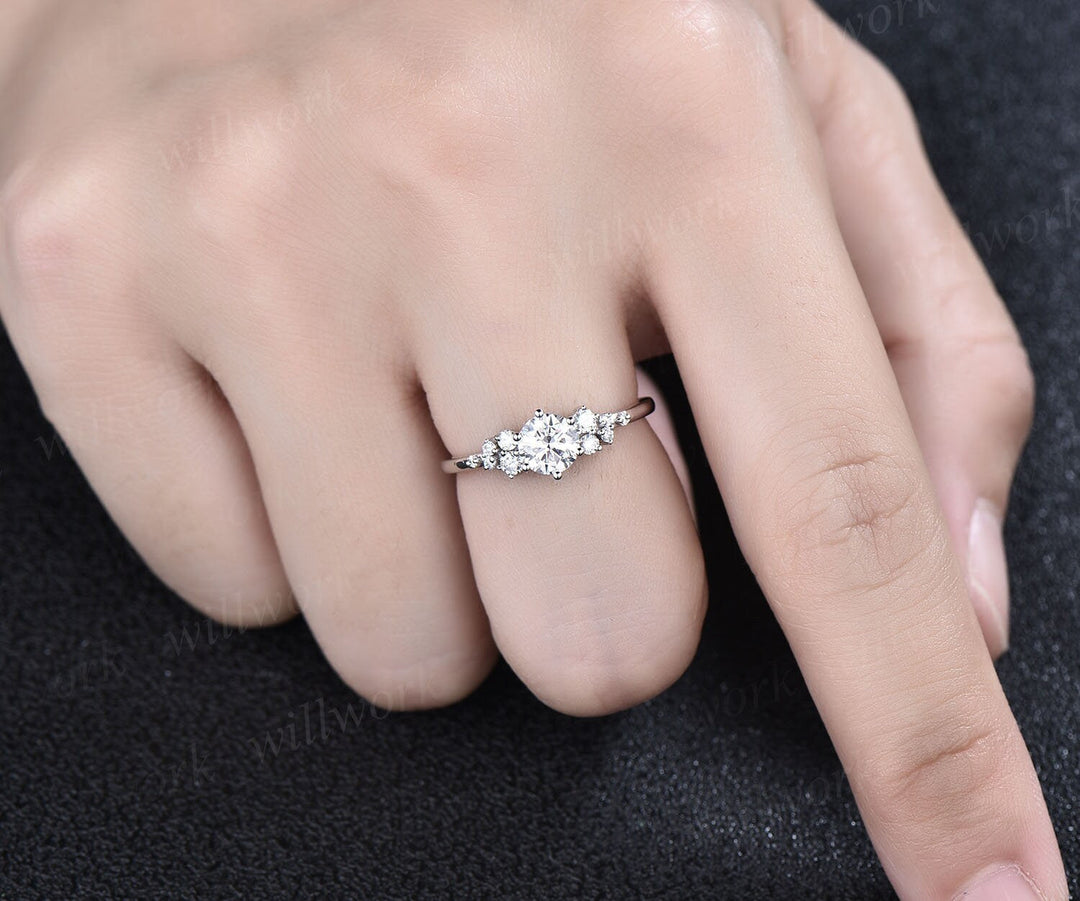 Round moissanite ring vintage moissanite engagement ring white gold unique snowdrift engagement ring dainty diamond wedding ring for women