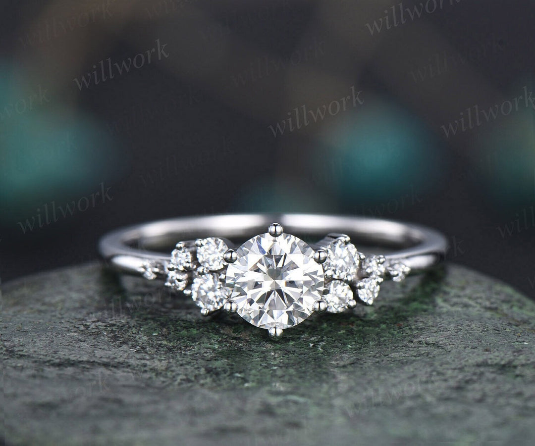 Round moissanite ring vintage moissanite engagement ring white gold unique snowdrift engagement ring dainty diamond wedding ring for women