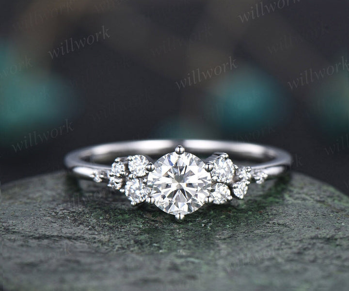 Round moissanite ring vintage moissanite engagement ring white gold unique snowdrift engagement ring dainty diamond wedding ring for women