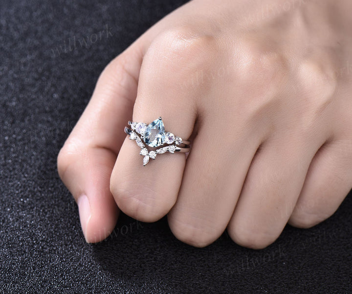 Pear shaped aquamarine ring gold silver vintage unique aquamarine engagement ring set five stone moonstone ring women March birthstone ring