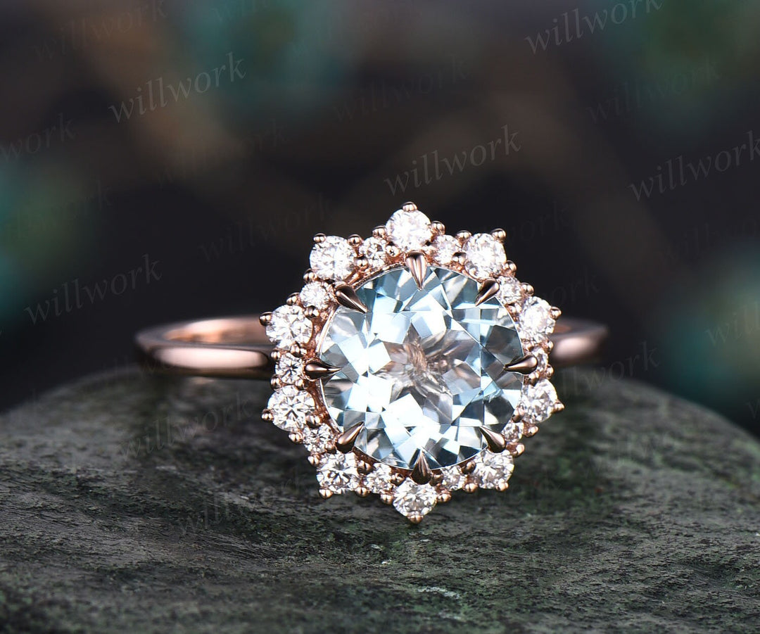 Round aquamarine ring gold vintage aquamarine engagement ring rose gold halo unique engagement ring moissanite March birthstone ring women