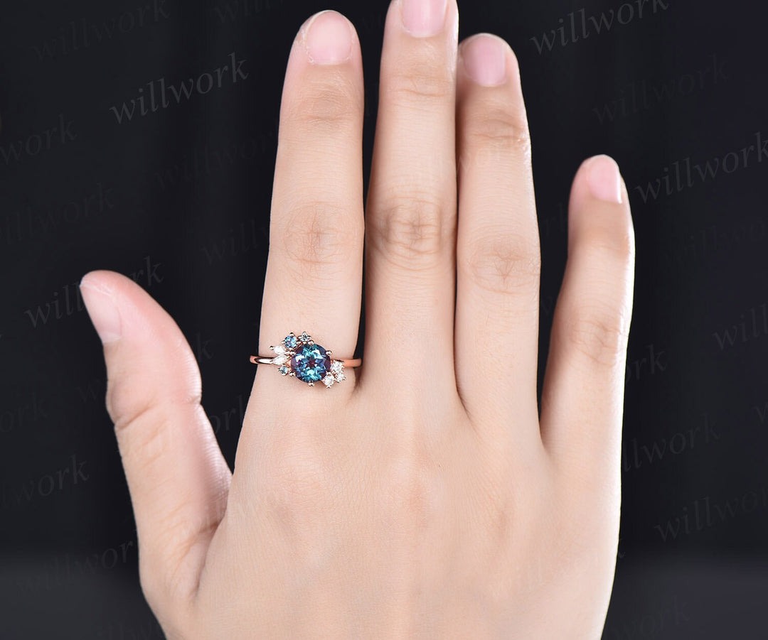 Round cut Alexandrite ring vintage cluster Alexandrite engagement ring rose gold six prong art deco diamond ring unique wedding ring women