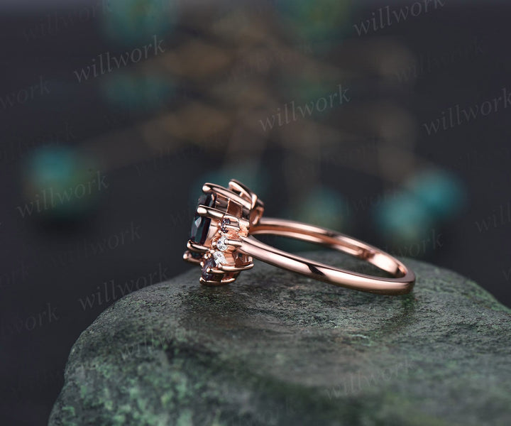 Round cut Alexandrite ring vintage cluster Alexandrite engagement ring rose gold six prong art deco diamond ring unique wedding ring women