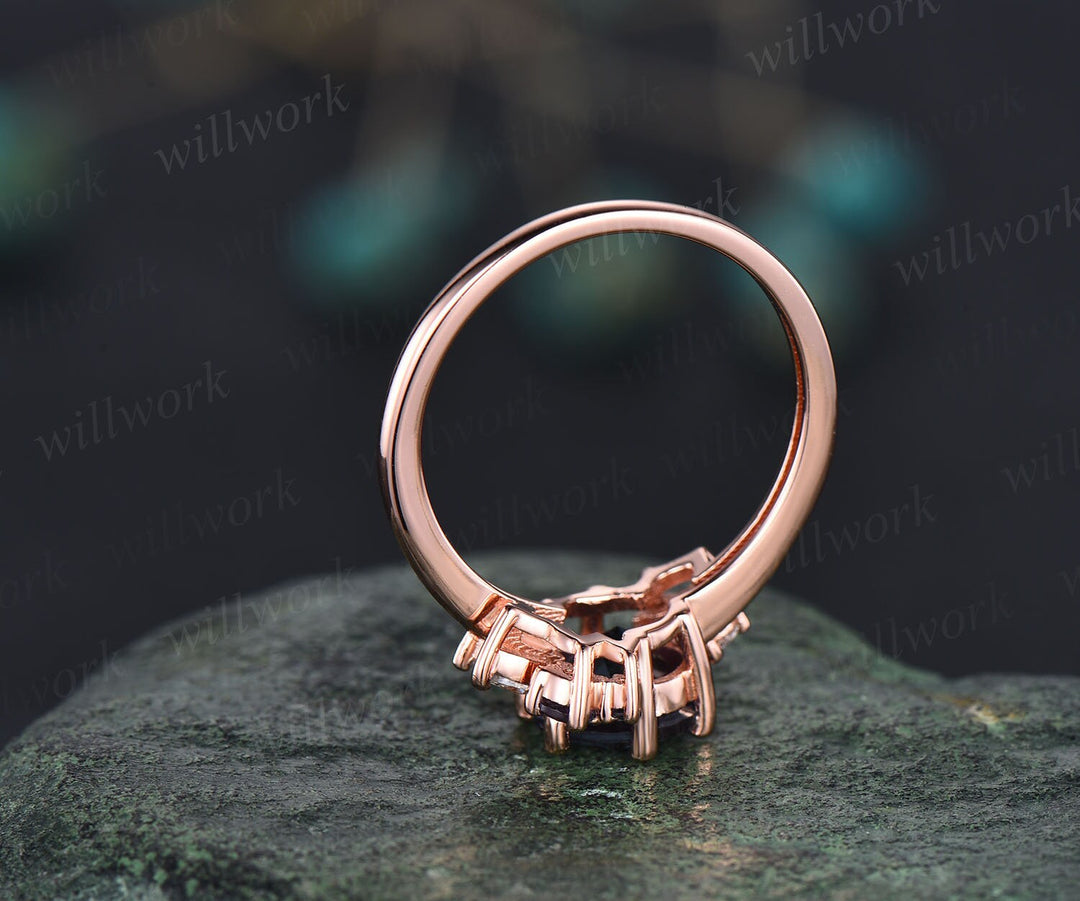 Round cut Alexandrite ring vintage cluster Alexandrite engagement ring rose gold six prong art deco diamond ring unique wedding ring women