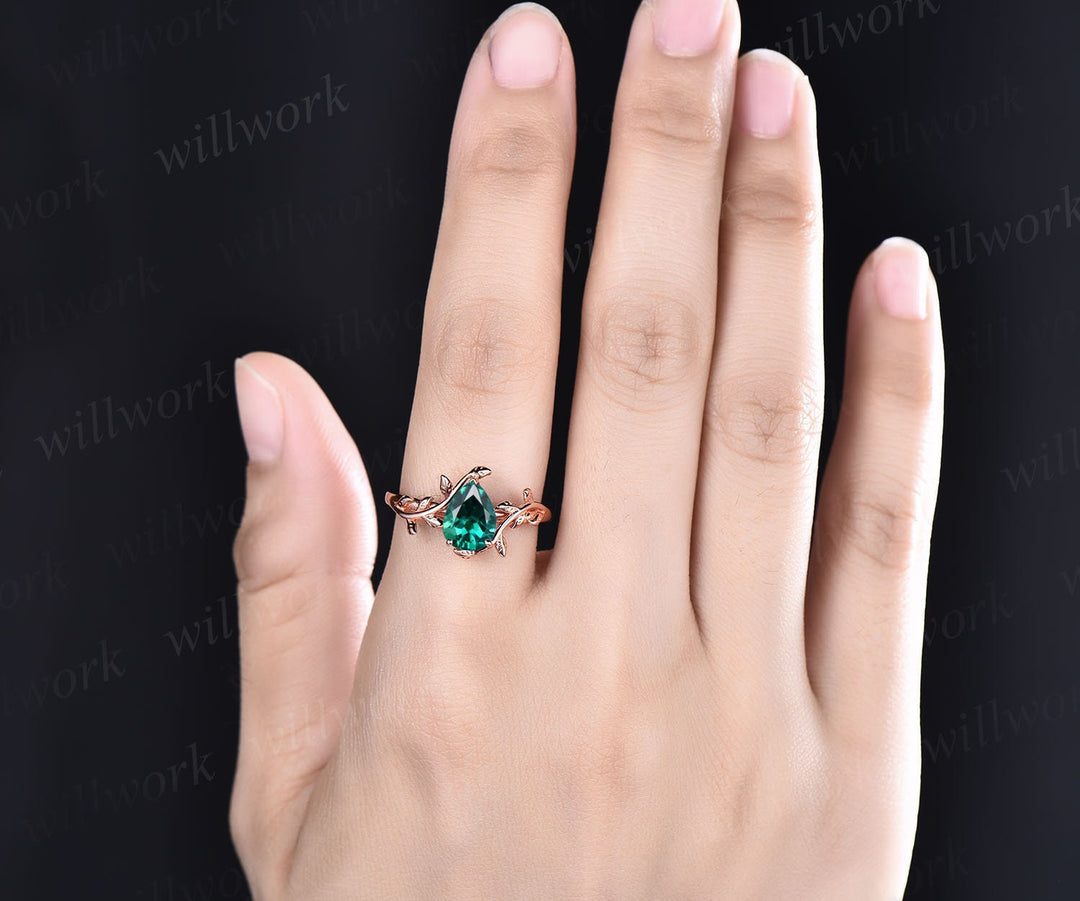 Twig Pear shaped emerald ring gold vintage nature inspired unique emerald engagement ring antique leaf ring bridal wedding ring for women