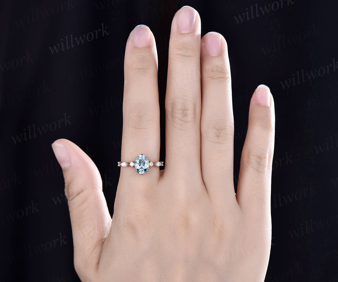 Oval aquamarine engagement ring set rose gold vintage art deco Alternative unique engagement ring marquise diamond wedding ring set women