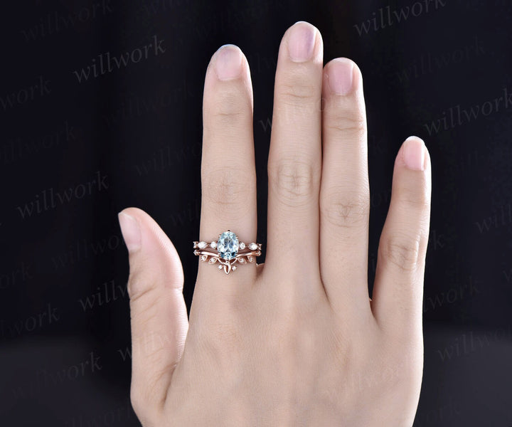 Oval aquamarine engagement ring set rose gold vintage art deco Alternative unique engagement ring marquise diamond wedding ring set women