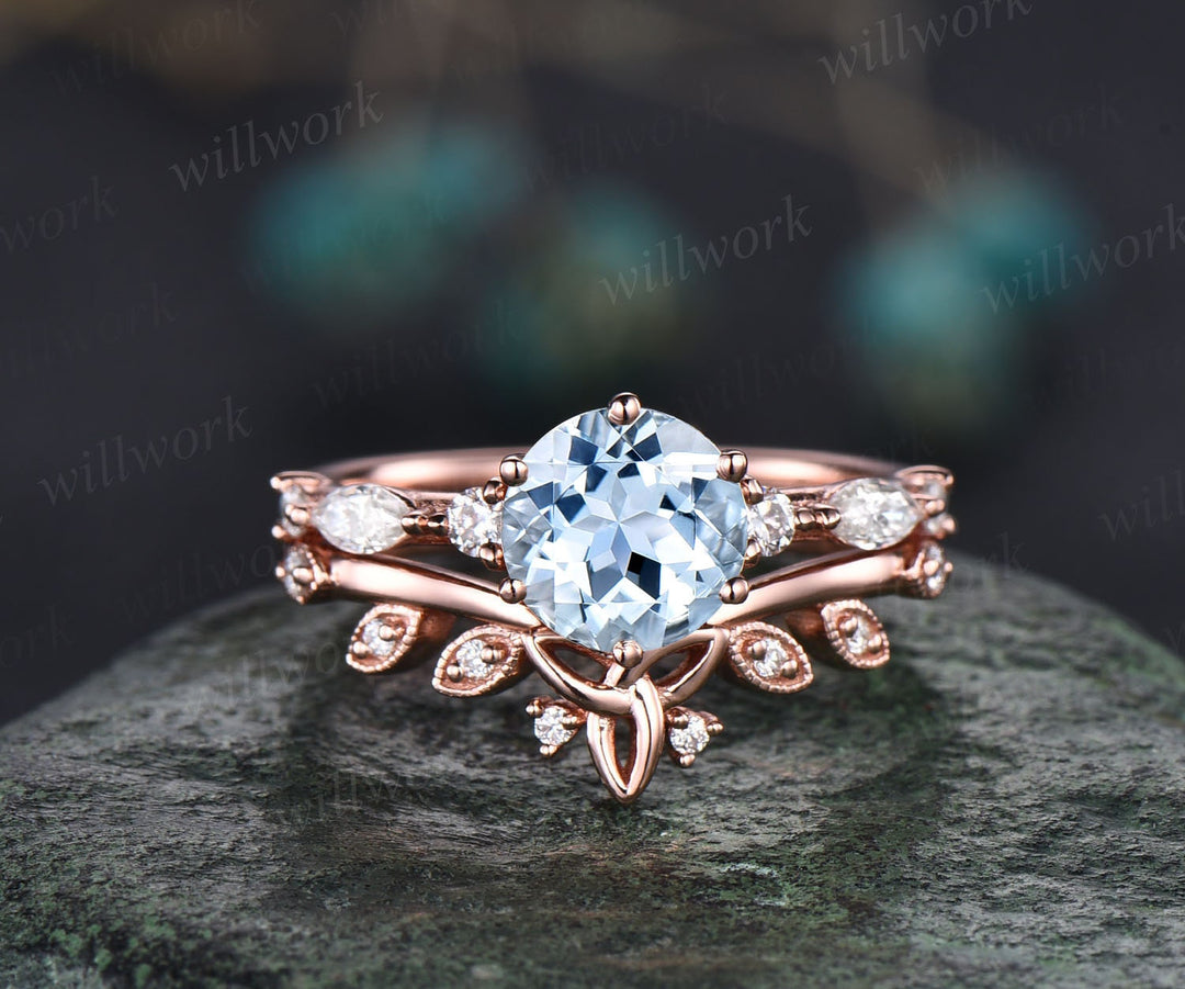 Round cut aquamarine ring gold vintage unique aquamarine engagement ring set art deco diamond ring set six prong marquise ring set jewelry