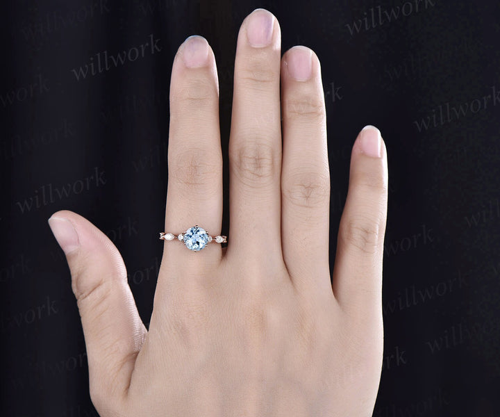 Round cut aquamarine ring gold vintage unique aquamarine engagement ring set art deco diamond ring set six prong marquise ring set jewelry