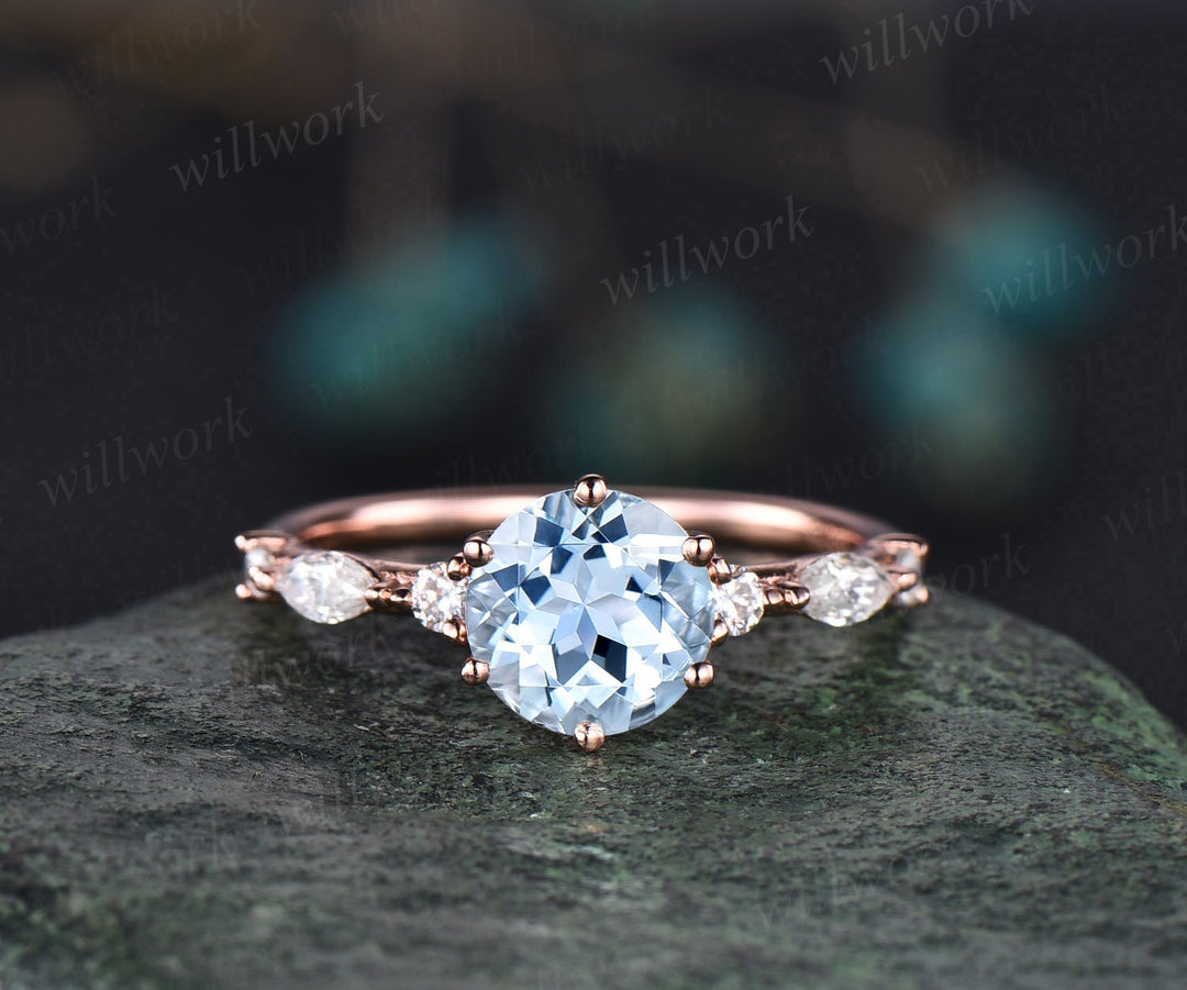Round cut aquamarine ring gold vintage unique aquamarine engagement ring set art deco diamond ring set six prong marquise ring set jewelry