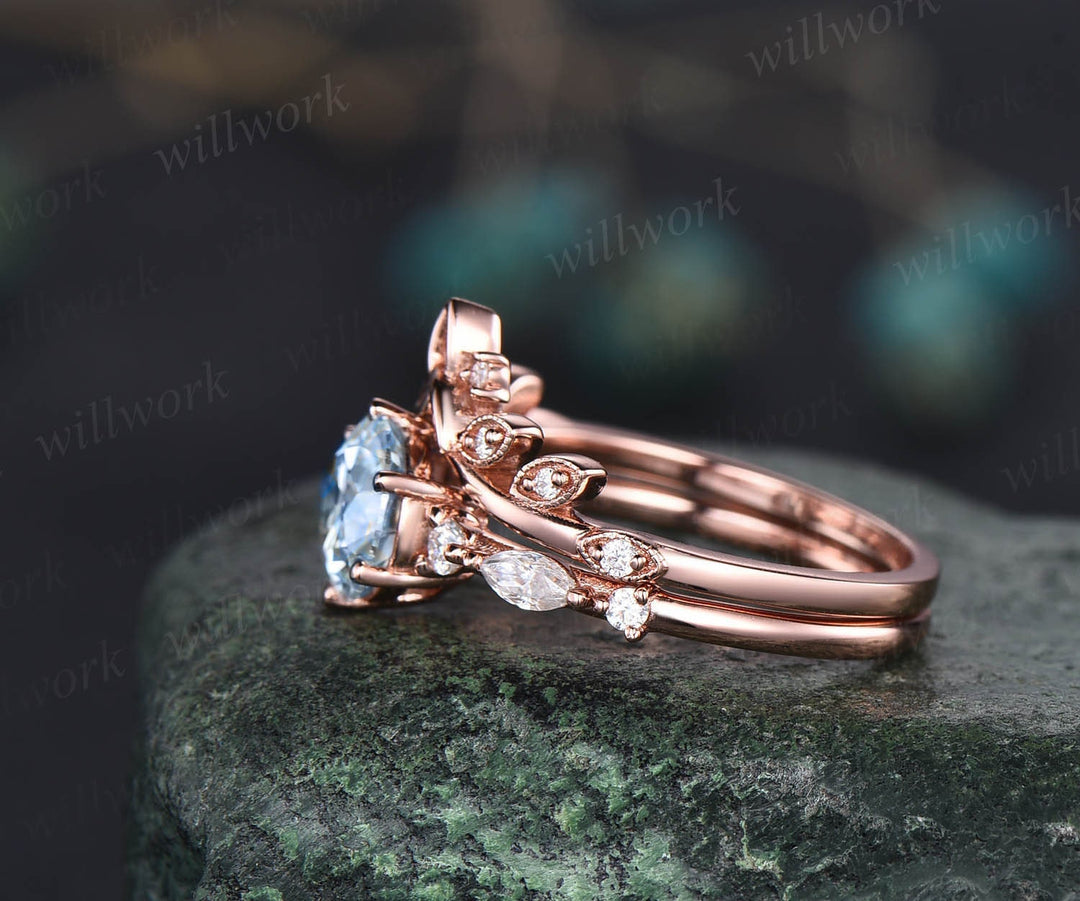 Round cut aquamarine ring gold vintage unique aquamarine engagement ring set art deco diamond ring set six prong marquise ring set jewelry