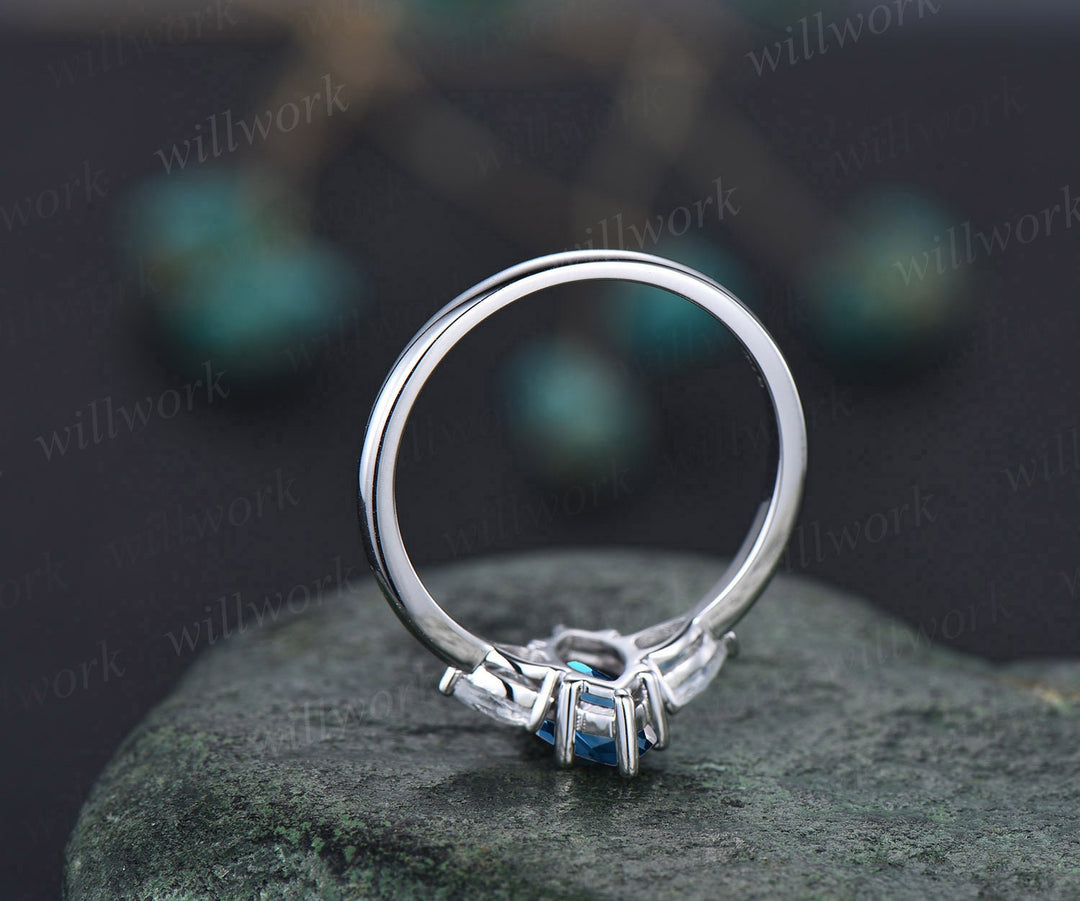 Marquise cut London blue topaz engagement ring white gold vintage unique three stone engagement ring six prone moissanite wedding ring women