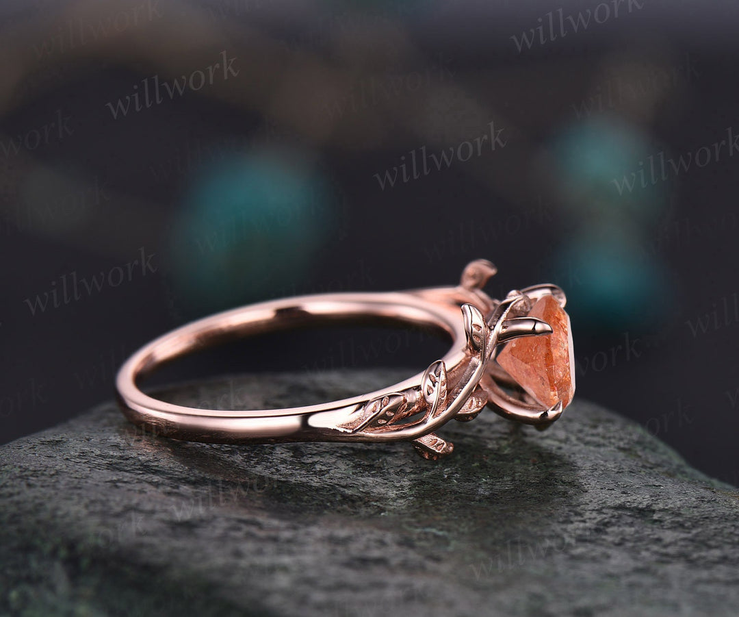 Round cut orange sunstone ring gold unique nature inspired sunstone engagement ring rose gold art deco leaf ring bridal promise ring women