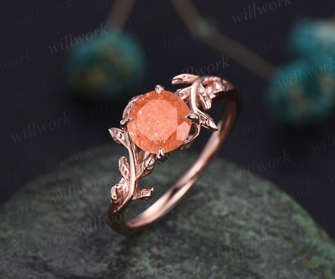 Round cut orange sunstone ring gold unique nature inspired sunstone engagement ring rose gold art deco leaf ring bridal promise ring women