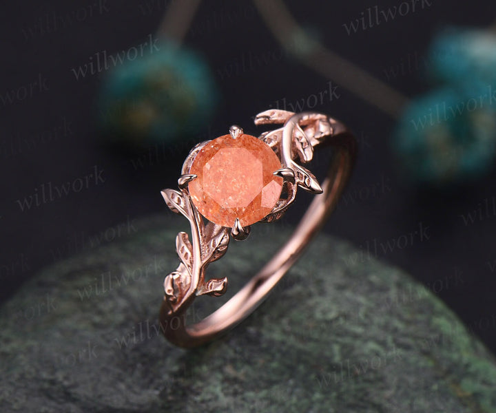 Round cut orange sunstone ring gold unique nature inspired sunstone engagement ring rose gold art deco leaf ring bridal promise ring women