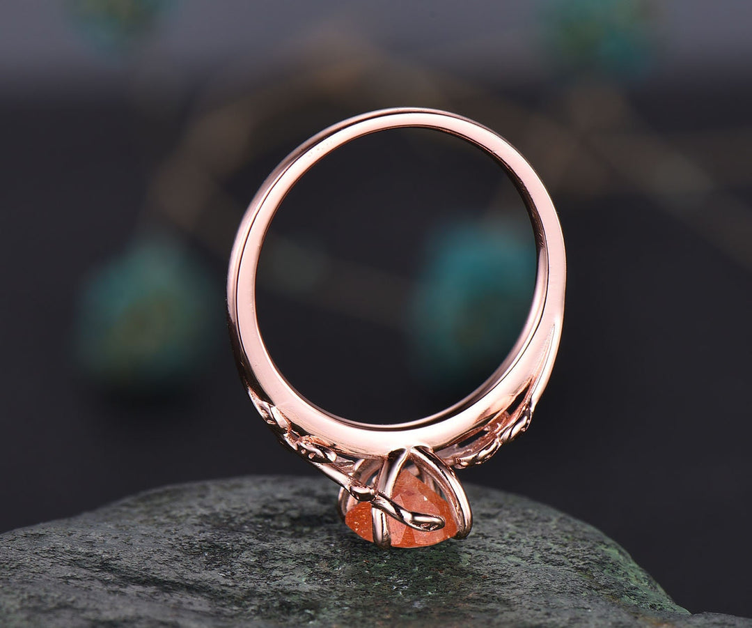 Round cut orange sunstone ring gold unique nature inspired sunstone engagement ring rose gold art deco leaf ring bridal promise ring women