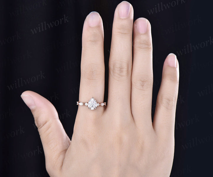Pear shaped moissanite ring set gold vintage moissanite engagement ring set art deco rose gold engagement ring unique engagement ring women
