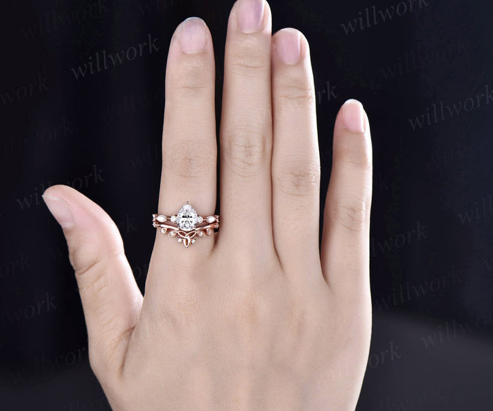 Pear shaped moissanite ring set gold vintage moissanite engagement ring set art deco rose gold engagement ring unique engagement ring women