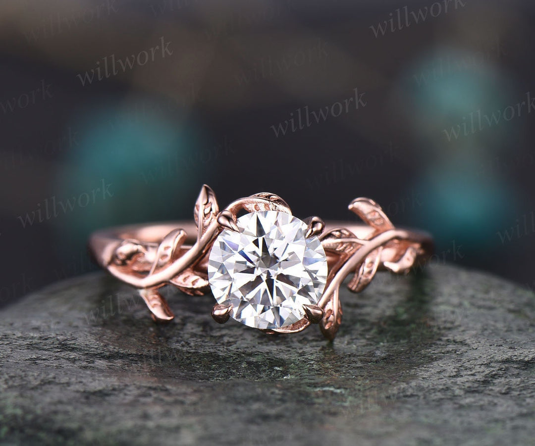 Vintage 1ct round cut moissanite engagement ring yellow gold art deco leaf five stone diamond anniversary promise wedding ring women gift