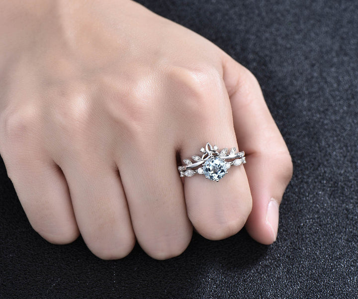 Round cut aquamarine ring gold vintage unique aquamarine engagement ring set art deco diamond ring set six prong marquise ring set jewelry