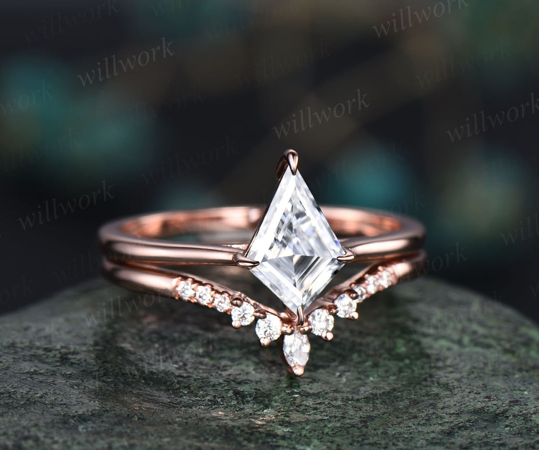 Kite cut solitaire IGI lab-grown engagement ring set rose gold unique dainty wedding ring set women gifts