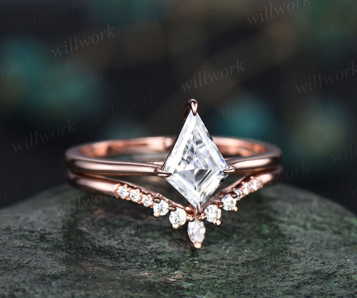 Kite cut solitaire IGI lab-grown engagement ring set rose gold unique dainty wedding ring set women gifts