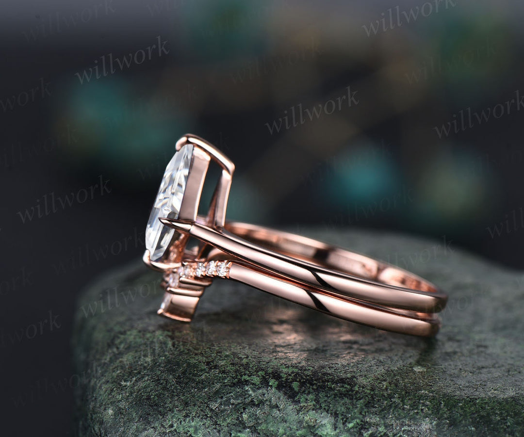 Kite cut solitaire IGI lab-grown engagement ring set rose gold unique dainty wedding ring set women gifts