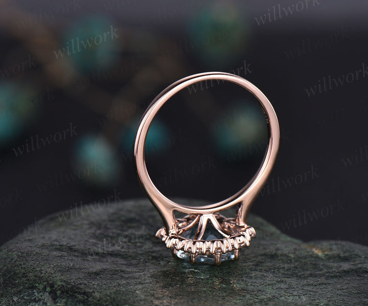 Round aquamarine ring gold vintage aquamarine engagement ring rose gold halo unique engagement ring moissanite March birthstone ring women