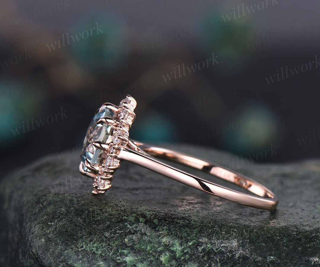 Round aquamarine ring gold vintage aquamarine engagement ring rose gold halo unique engagement ring moissanite March birthstone ring women