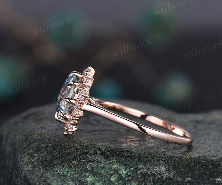Round aquamarine ring gold vintage aquamarine engagement ring rose gold halo unique engagement ring moissanite March birthstone ring women