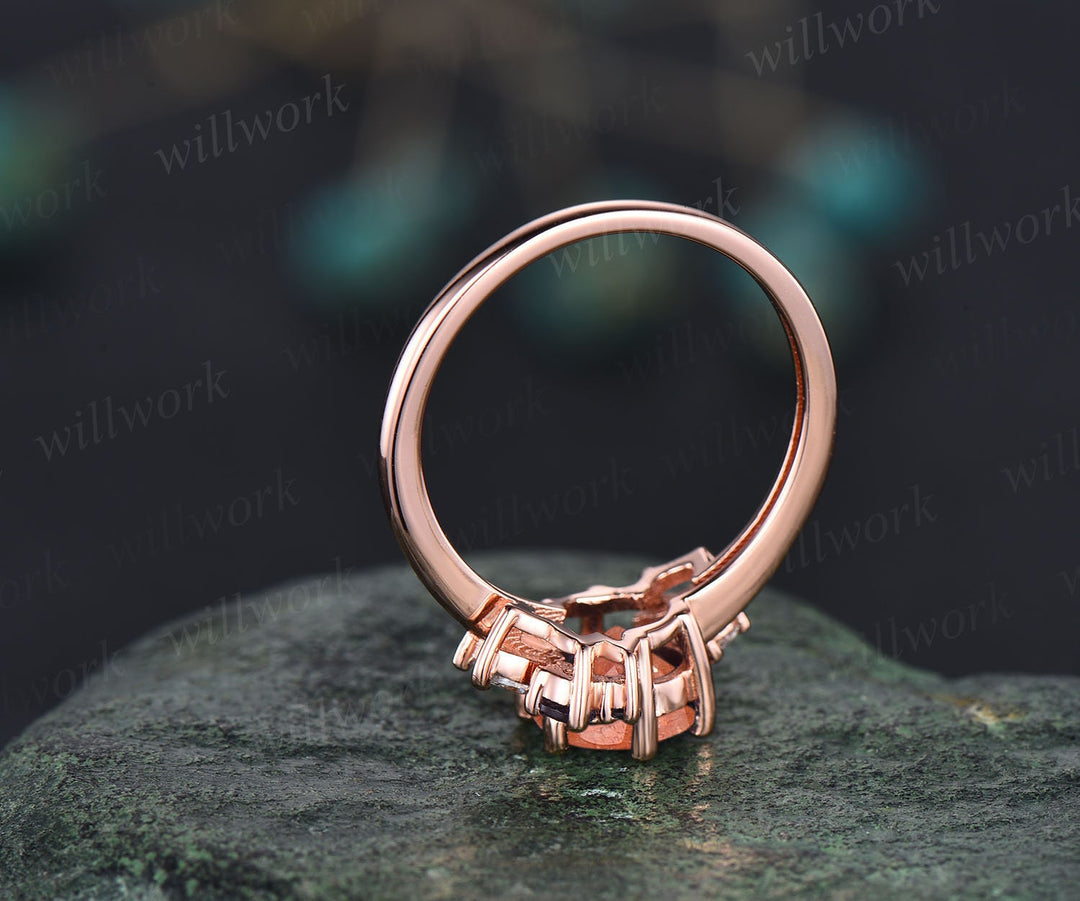 Round cut sunstone ring gold vintage sunstone engagement ring rose gold unique cluster engagement ring marquise cut diamond ring for women