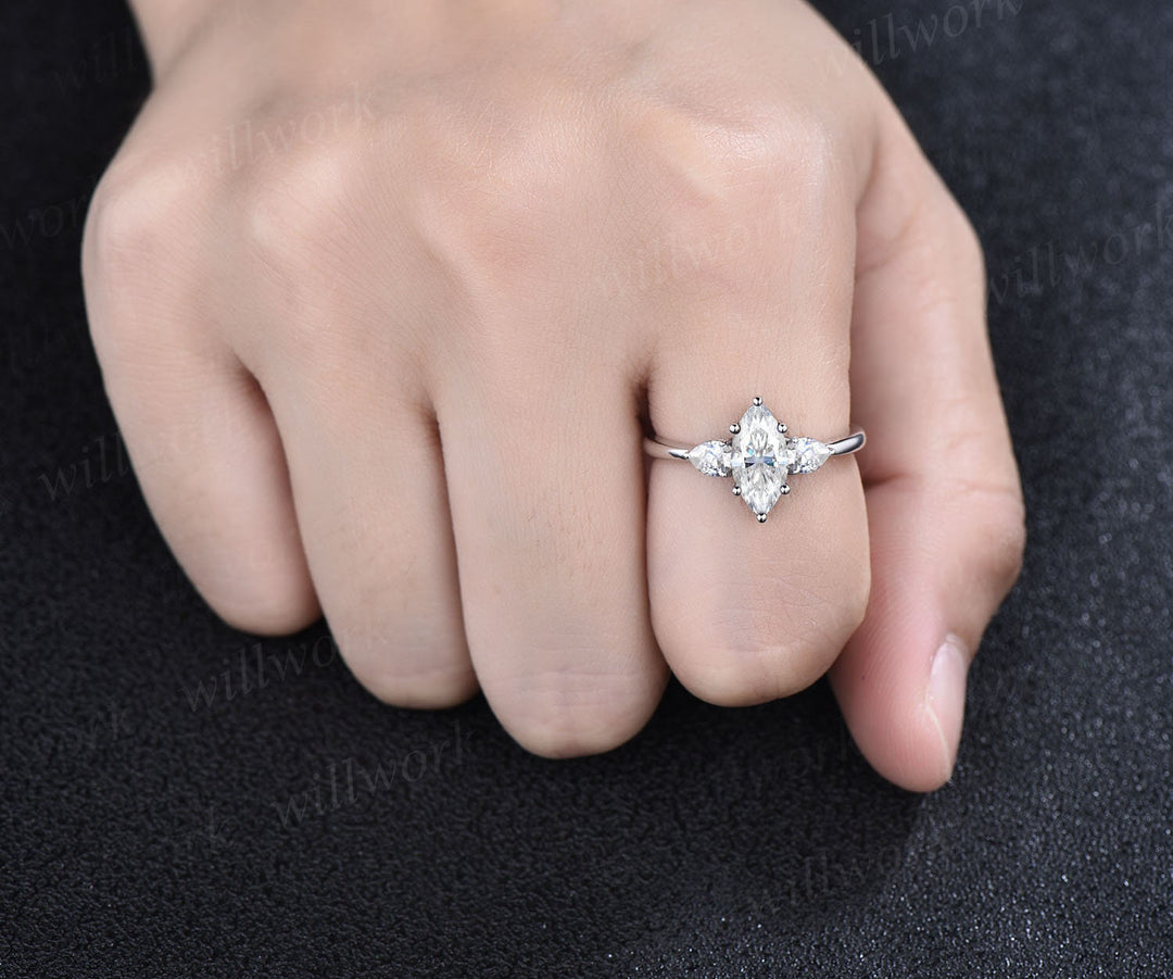 Marquise cut moissanite engagement ring white gold three stone unique engagement ring pear diamond ring six prong promise ring for her gifts