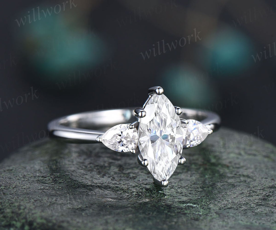 Marquise cut moissanite engagement ring white gold three stone unique engagement ring pear diamond ring six prong promise ring for her gifts