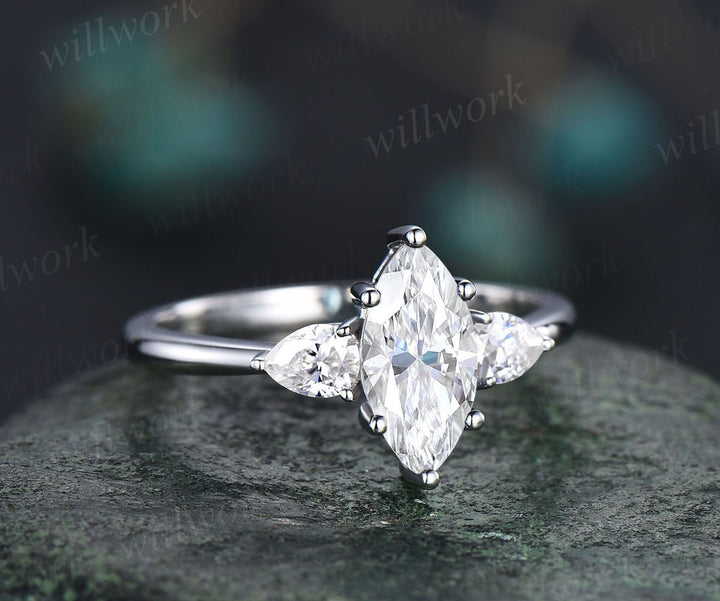 Marquise cut moissanite engagement ring white gold three stone unique engagement ring pear diamond ring six prong promise ring for her gifts