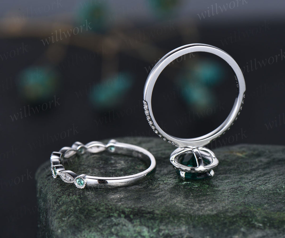Pear shaped emerald ring gold vintage emerald engagement ring set halo unique engagement ring half eternity diamond wedding ring set women