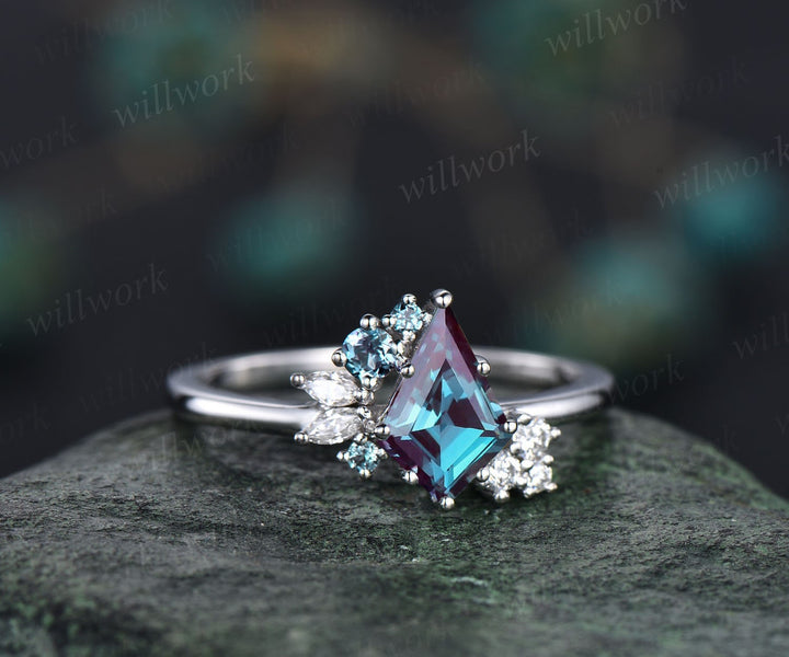 Kite cut alexandrite ring vintage alexandrite engagement ring white gold unique cluster alexandrite engagement ring diamond ring women gifts