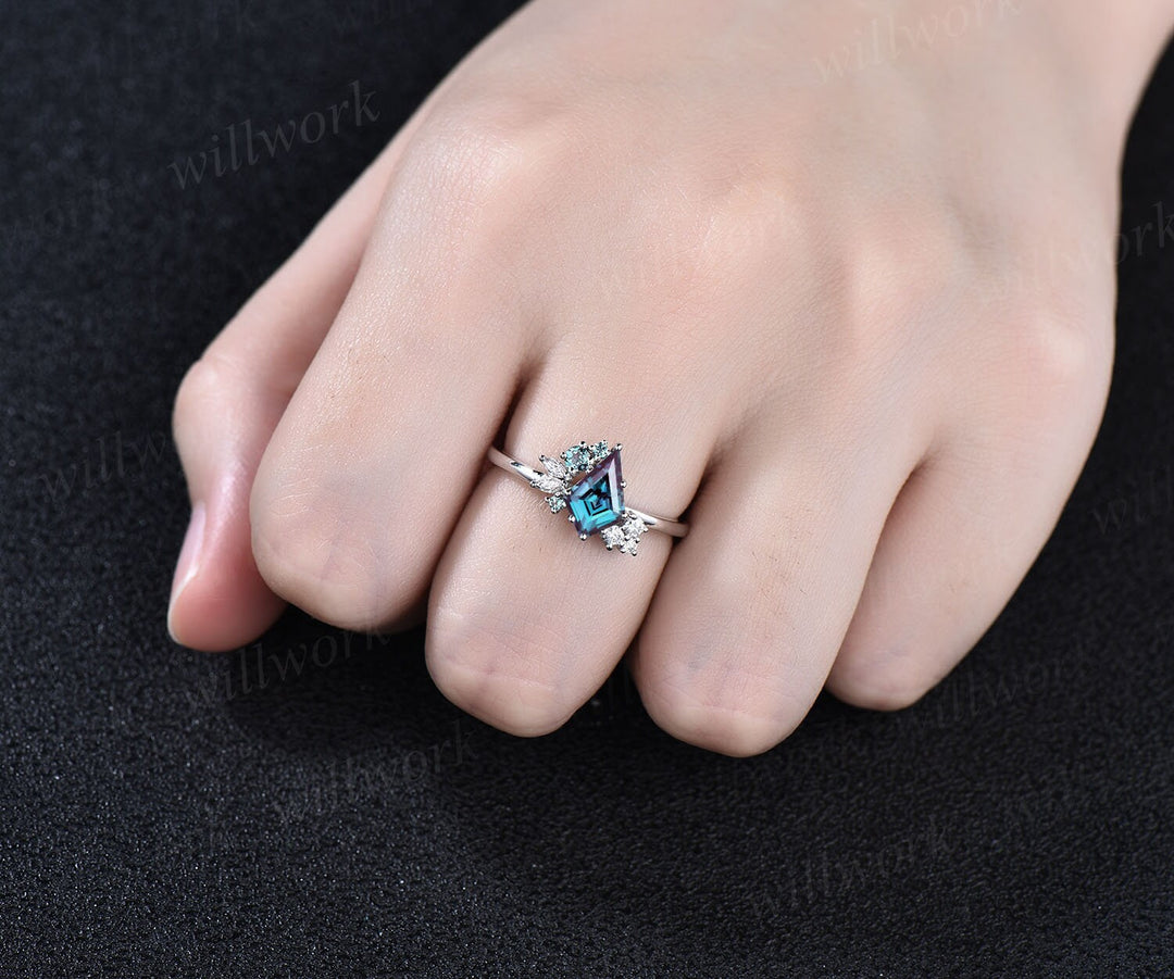 Kite cut alexandrite ring vintage alexandrite engagement ring white gold unique cluster alexandrite engagement ring diamond ring women gifts