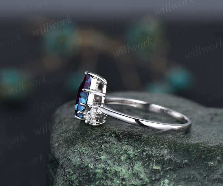 Kite cut alexandrite ring vintage alexandrite engagement ring white gold unique cluster alexandrite engagement ring diamond ring women gifts