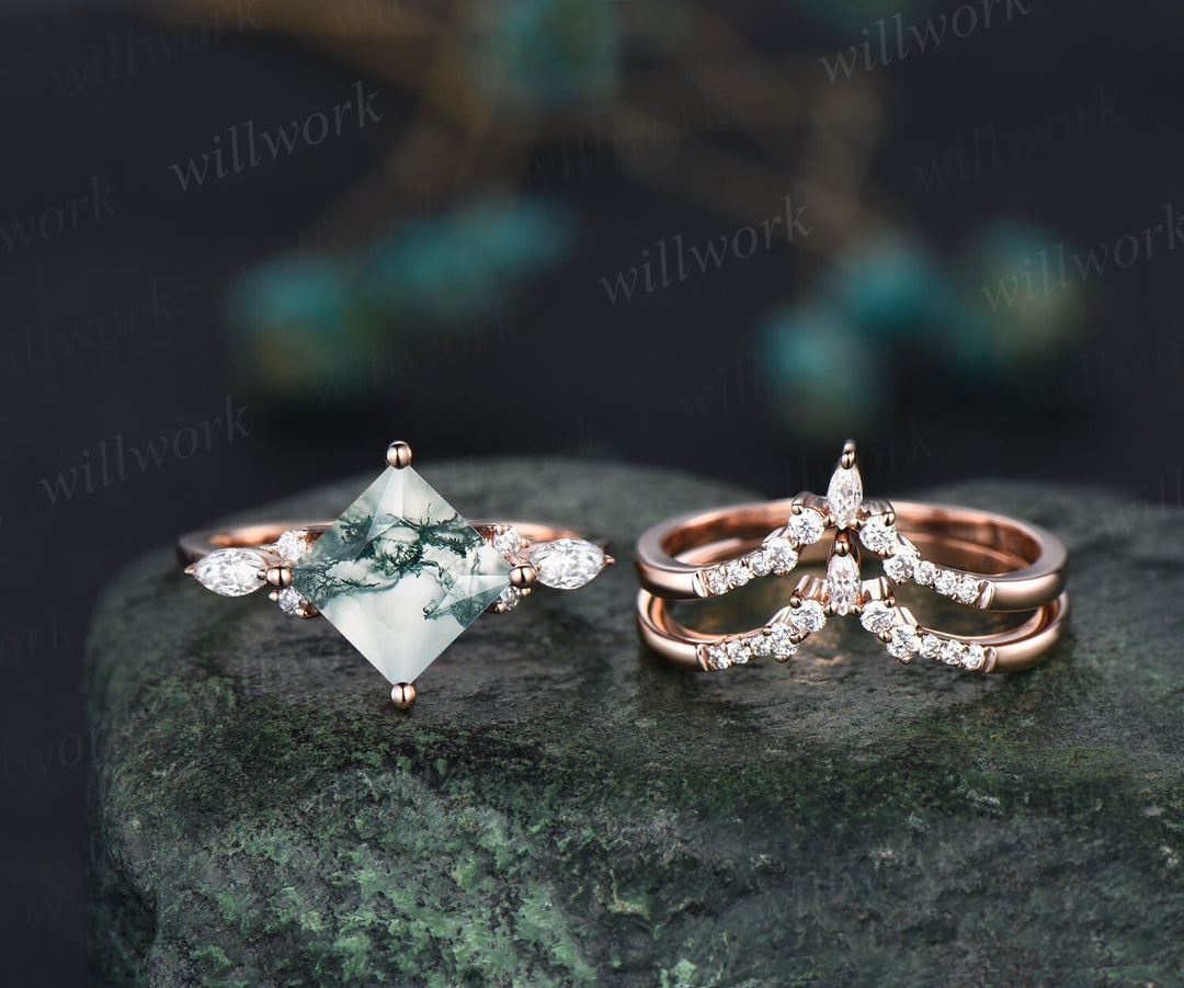 Princess cut moss agate ring gold vintage green moss agate engagement ring set rose gold art deco unique engagement ring moissanite ring set