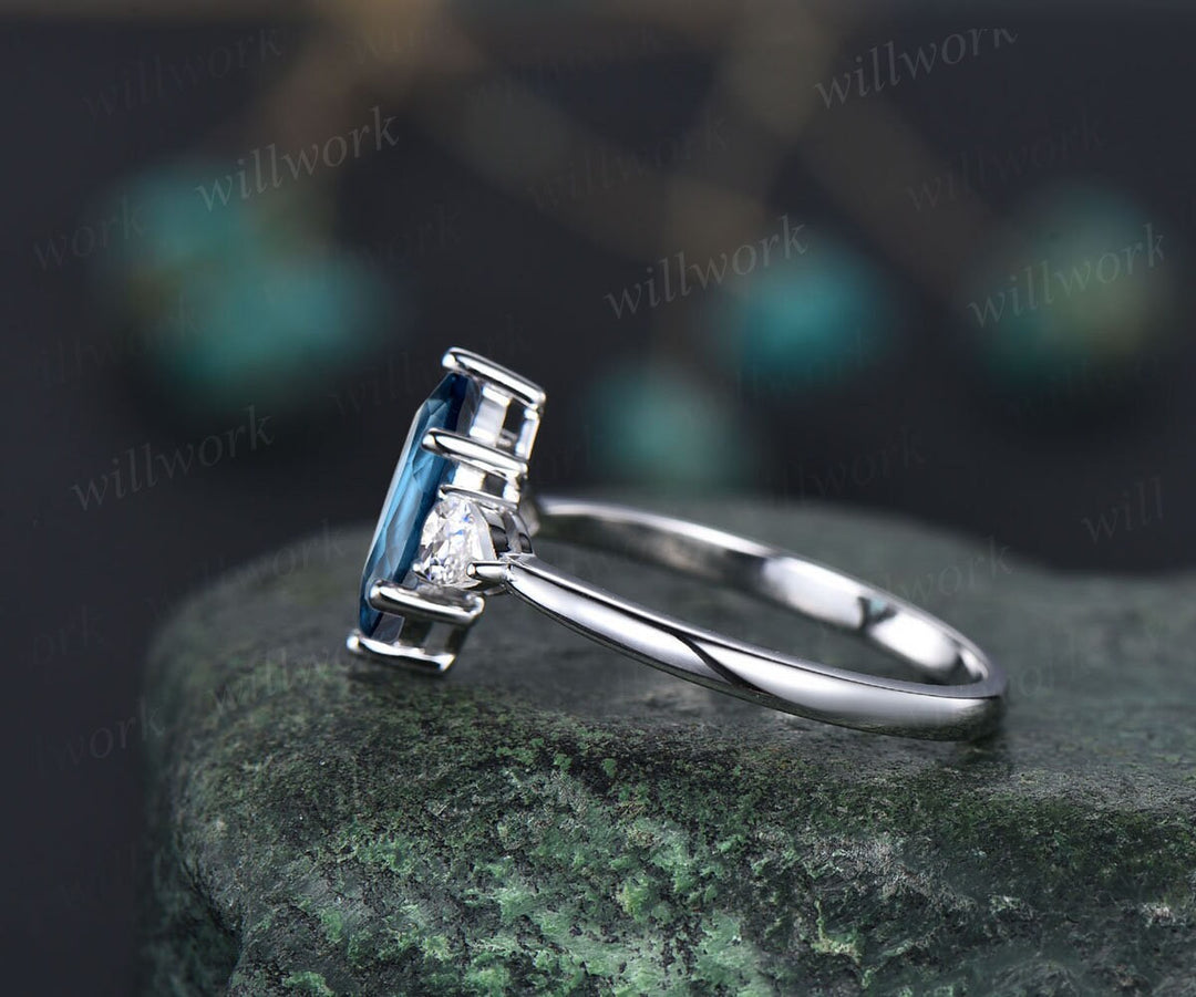 Marquise cut London blue topaz engagement ring white gold vintage unique three stone engagement ring six prone moissanite wedding ring women