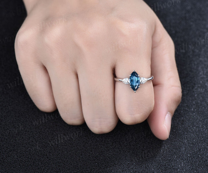 Marquise cut London blue topaz engagement ring white gold vintage unique three stone engagement ring six prone moissanite wedding ring women