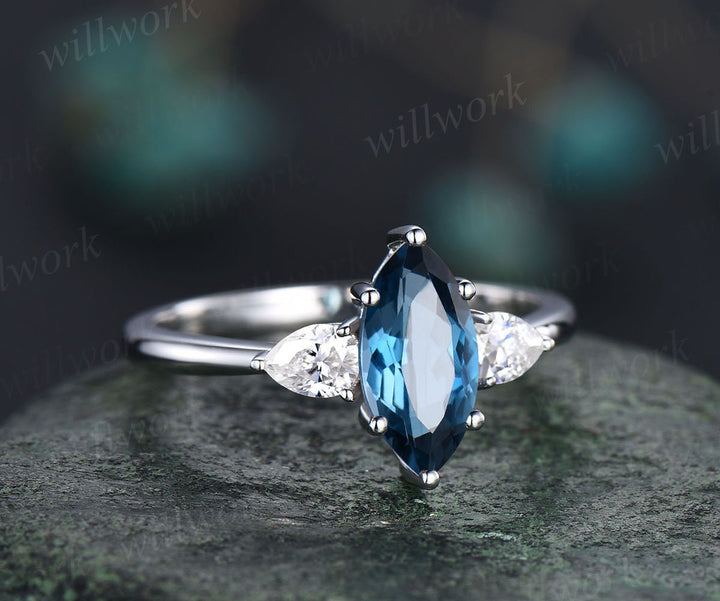Marquise cut London blue topaz engagement ring white gold vintage unique three stone engagement ring six prone moissanite wedding ring women